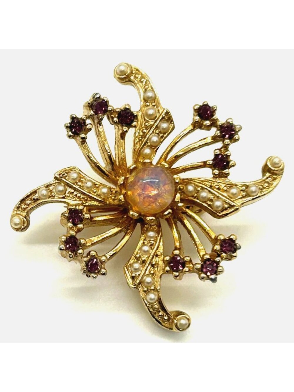 Vintage MCM Starburst Brooch Gold Tone Purple Rhinestone Faux Pearl Opal Triplet